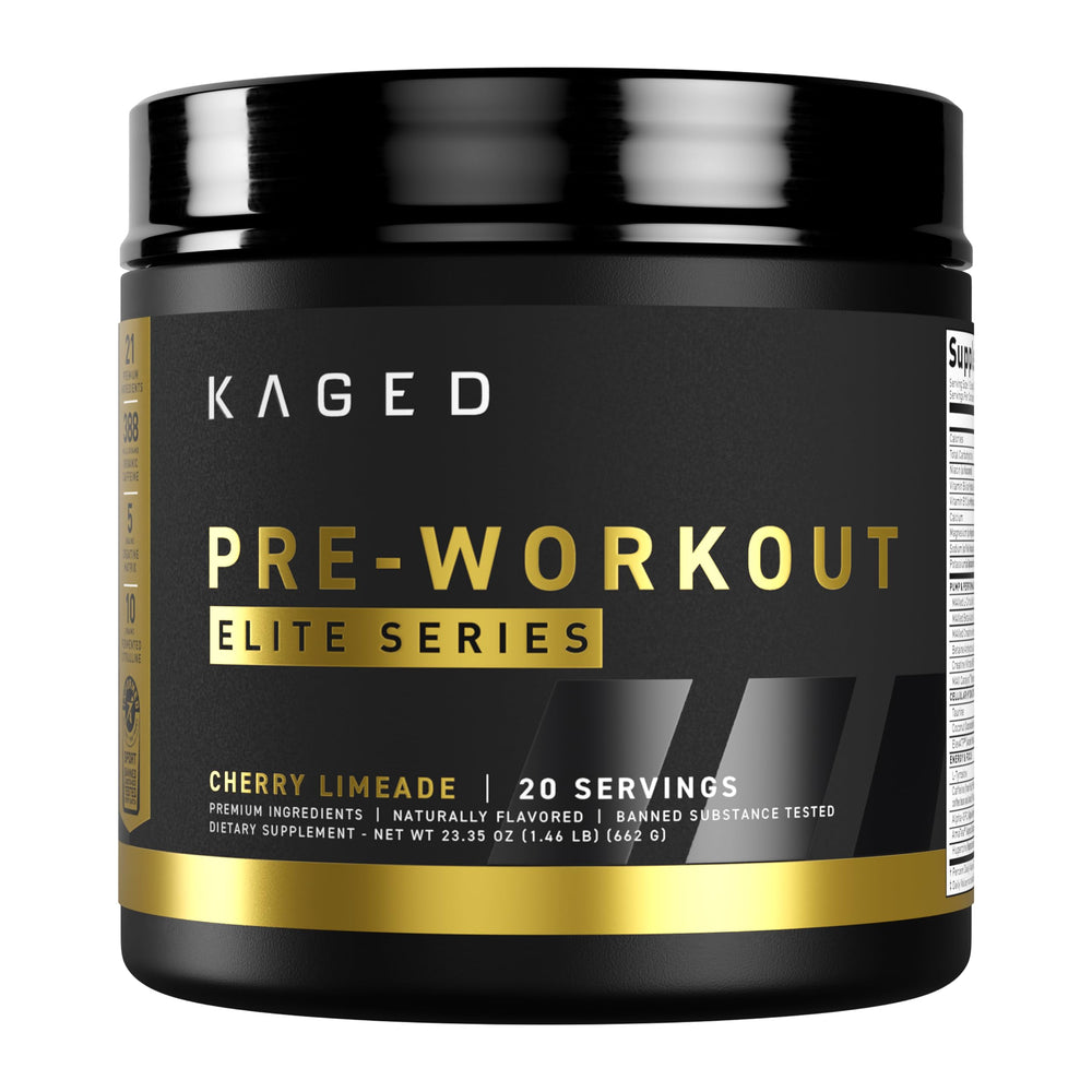 Kaged Pre Workout Elite Cherry Limeade bottle showing a flavorful energy option for workouts