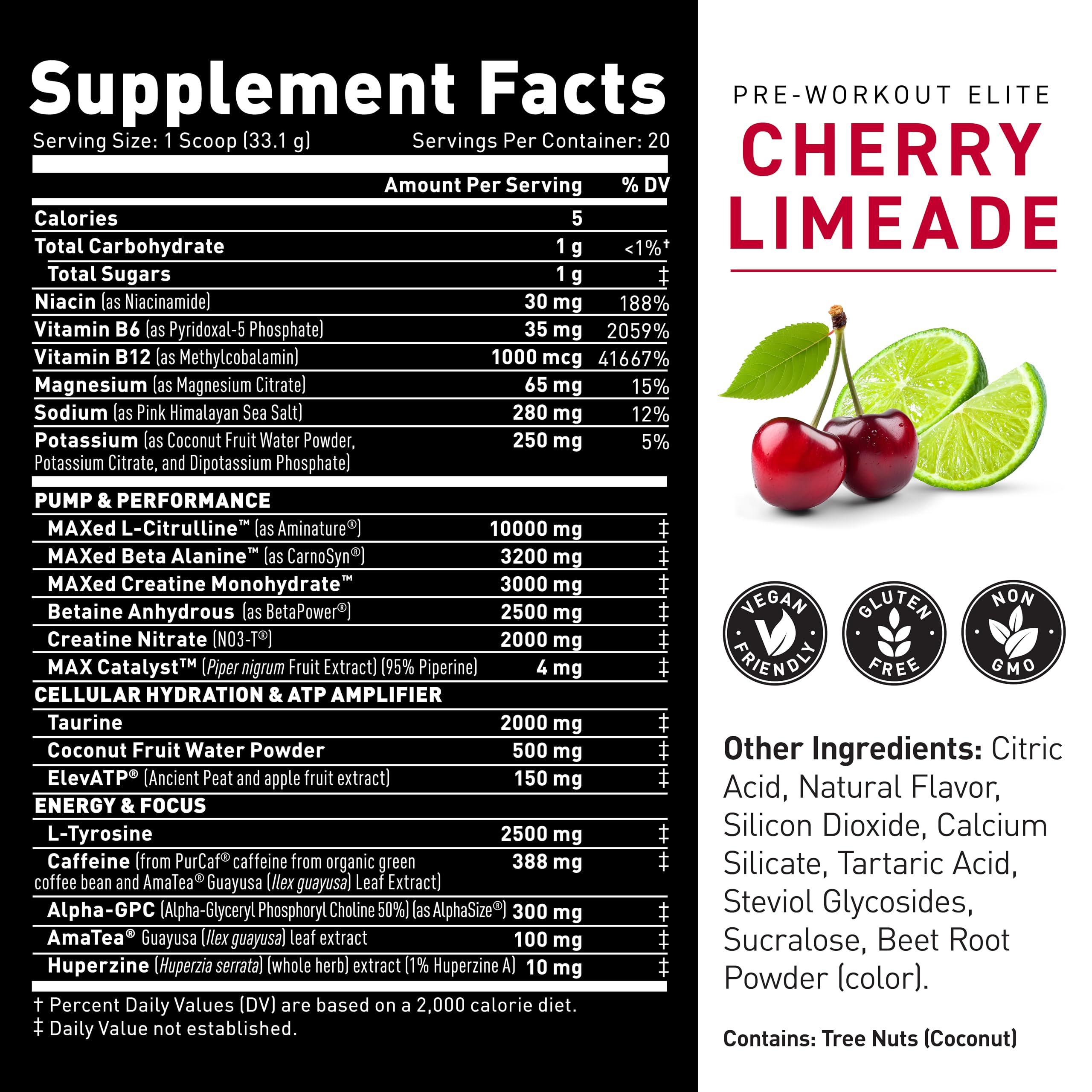Kaged Pre Workout Elite ingredients panel with 21 premium ingredients and 10 patents