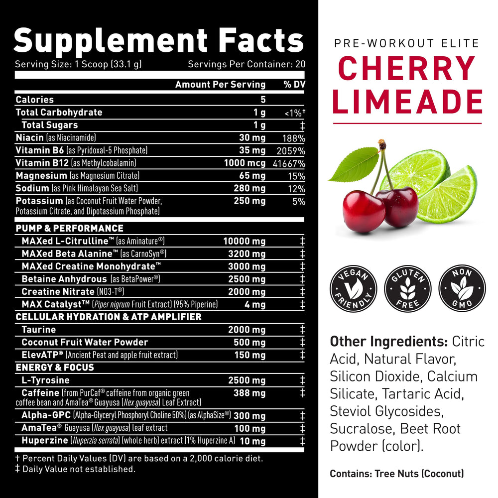 Kaged Pre Workout Elite ingredients panel with 21 premium ingredients and 10 patents