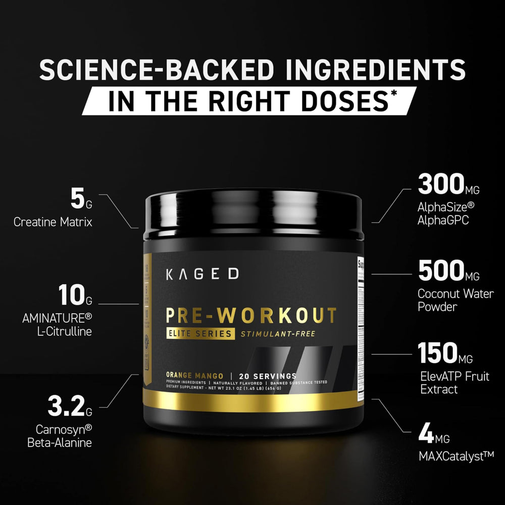 Kaged Pre-Workout Elite powder close-up shows smooth texture and clean mix.