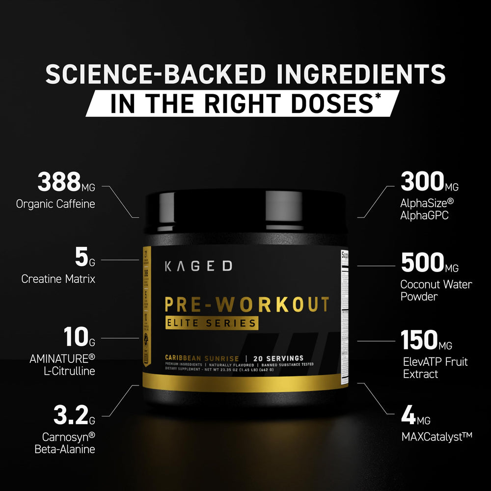 Kaged Pre Workout Elite scoop ready to mix for a clean energy boost