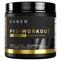 Kaged Pre-Workout Elite stimulant-free orange mango tub for calm, nighttime training.