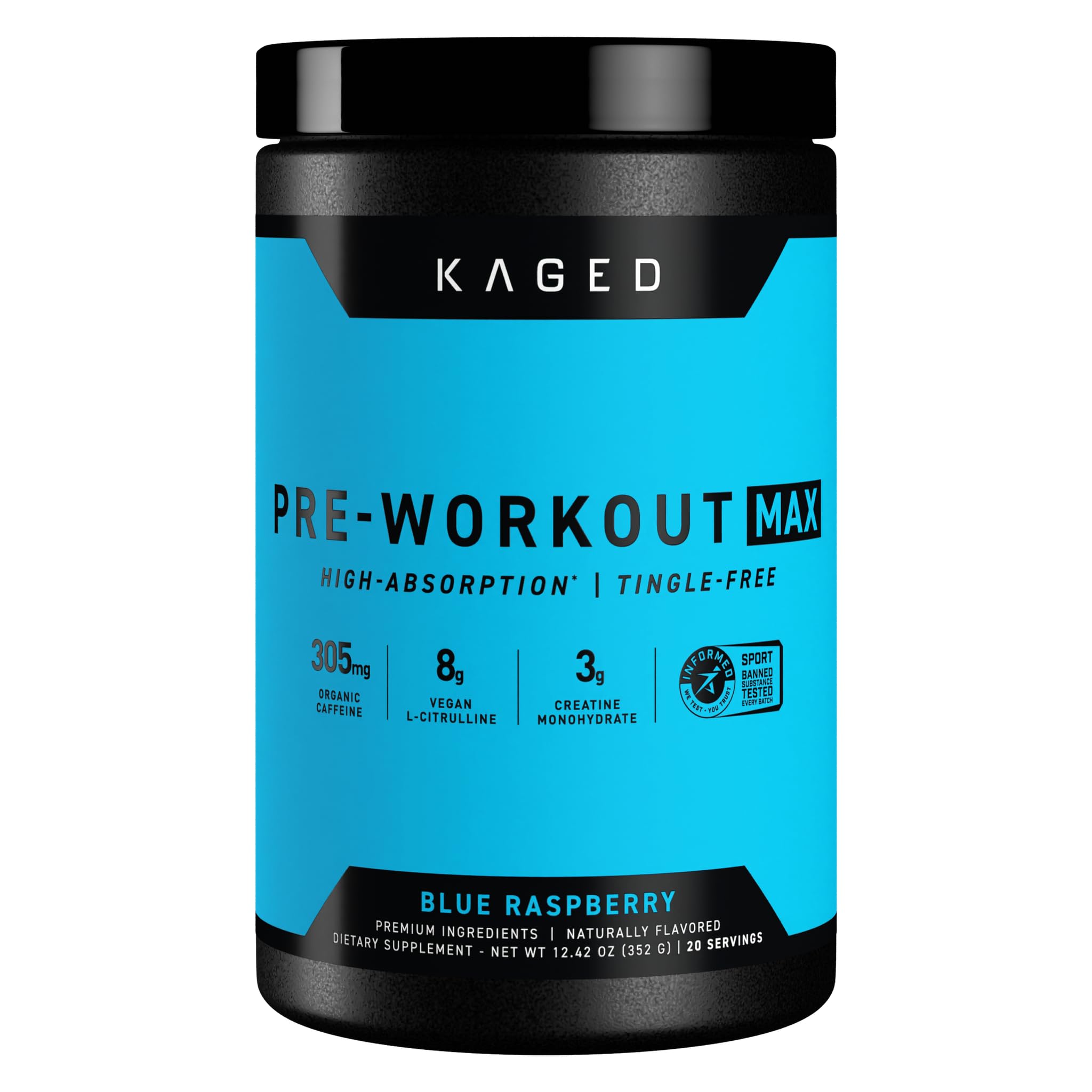Kaged Pre-Workout MAX blue raspberry powder scoop for fast, clean energy