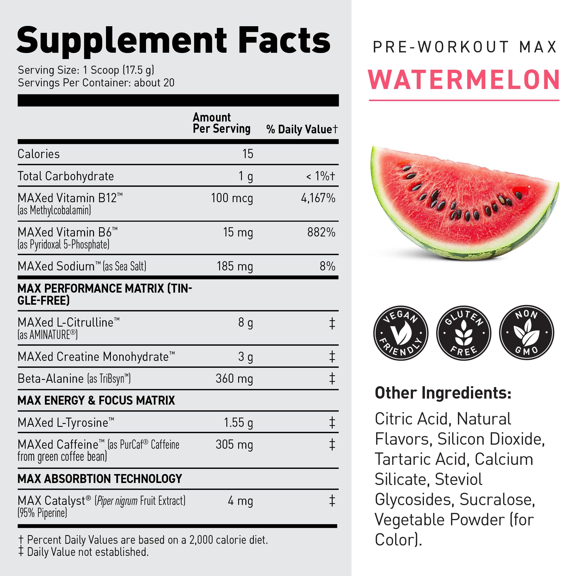 Kaged Pre Workout MAX Watermelon nutrition facts panel supports informed choice.