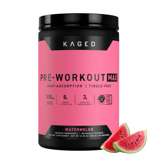 Kaged Pre Workout MAX Watermelon tub front view for sustained energy during workouts.