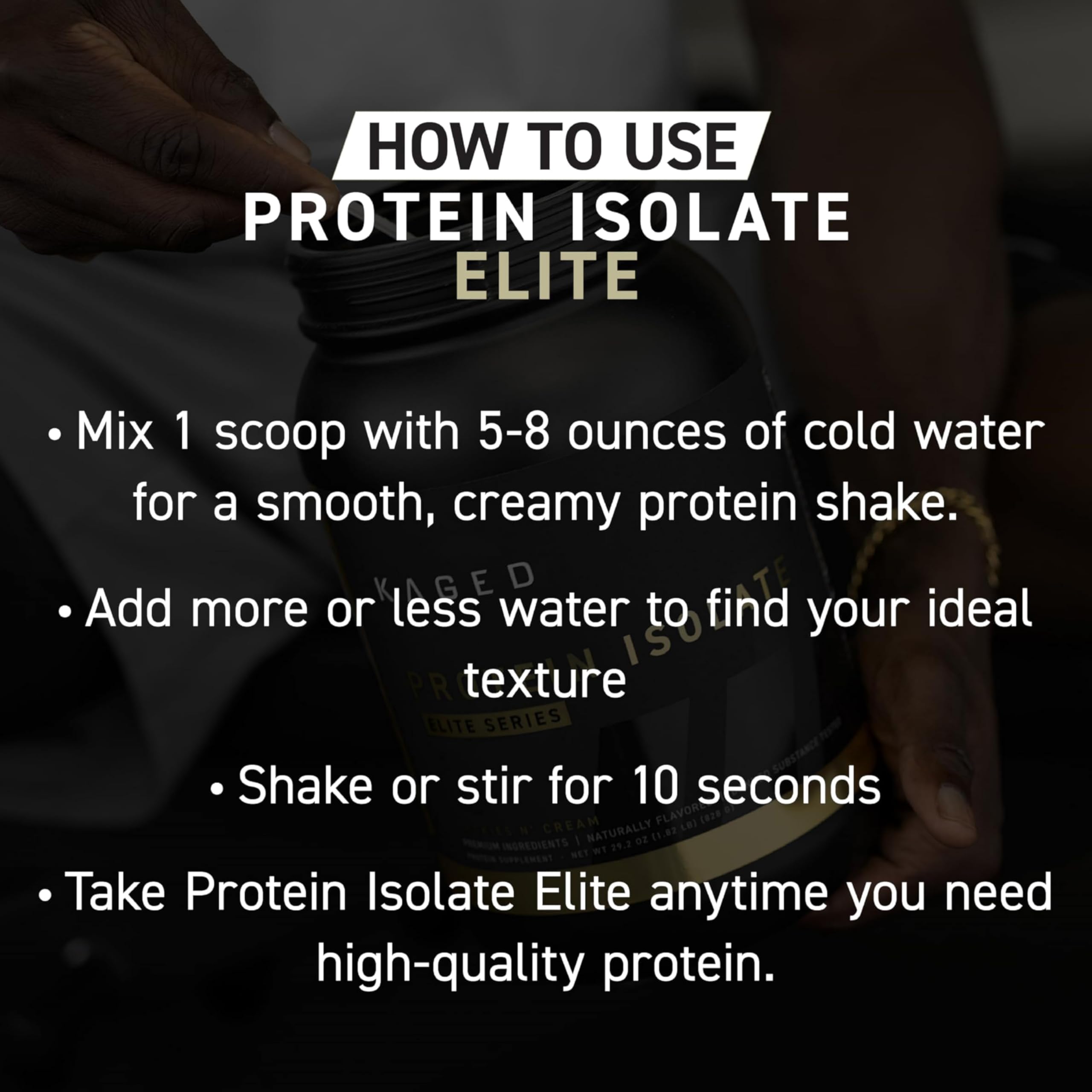 Kaged Protein Elite chocolate flavor powder mixing into creamy shake texture