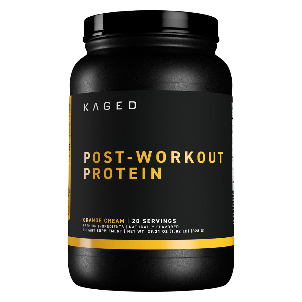 Kaged Post Workout Protein orange cream tub closeup highlighting 28g protein per serving.
