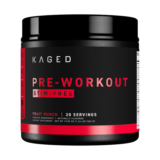 Kaged stimulant-free pre-workout fruit punch bottle for clean energy and long-lasting pumps.