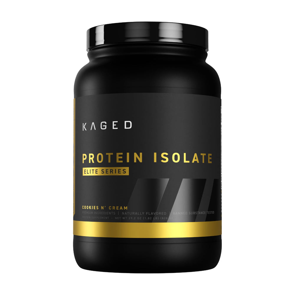 Kaged Whey Protein Isolate Elite Cookies & Cream tub shown as premium post-workout fuel