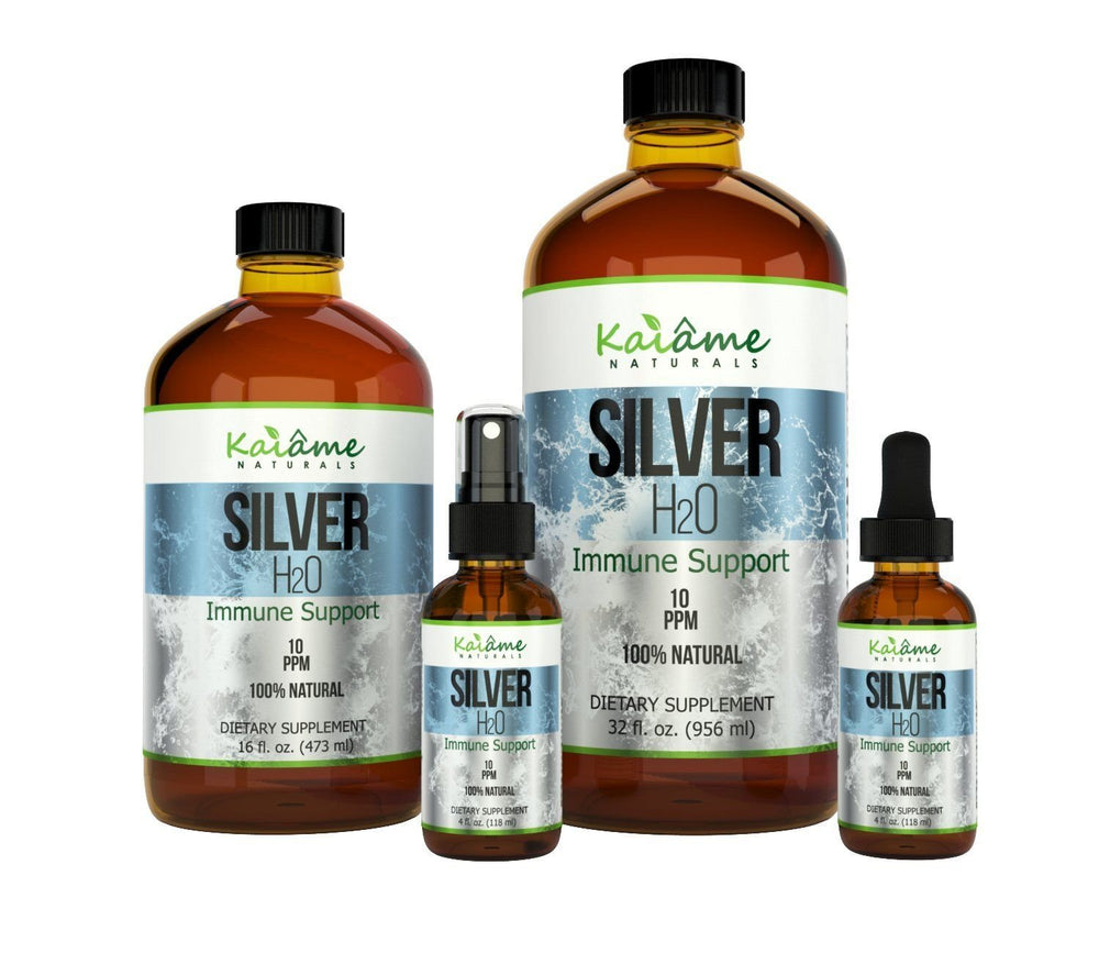 Kaiame Naturals Colloidal Silver bottle, 16 oz glass, ready for daily use.
