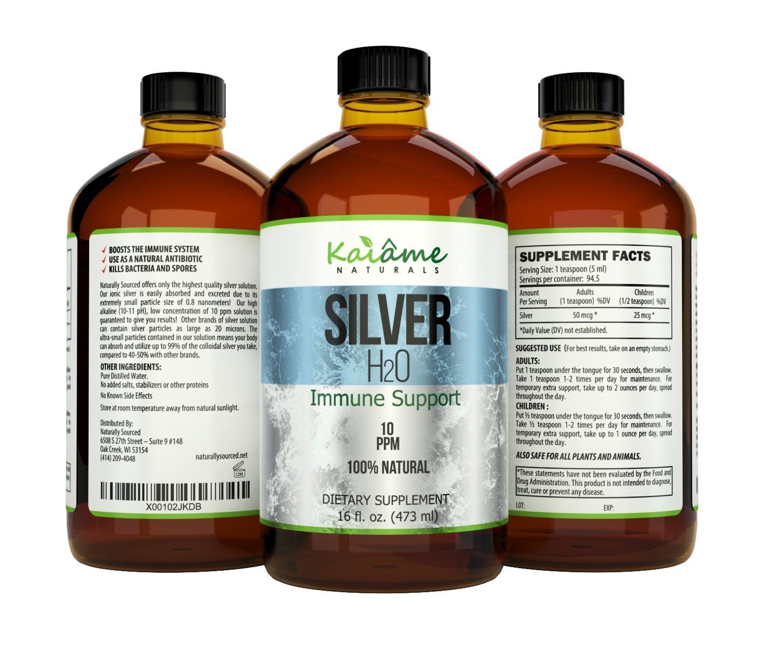 Kaiame Naturals Colloidal Silver bottle for household surface and fruit care.