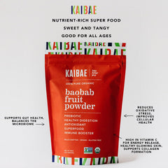 KAIBAE Baobab powder pouring creates easy smoothie mixes.