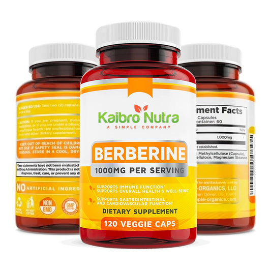 Kaibro Nutra Berberine bottle pour showing easy-to-take capsules for daily use.