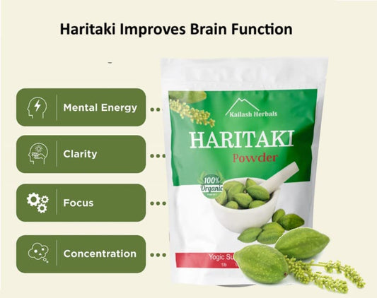 Kailash Herbals Haritaki powder scoop for easy portioning before meals.