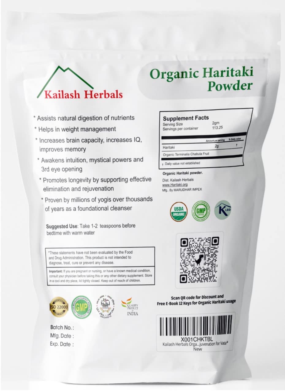 Measuring spoon beside Kailash Haritaki powder for accurate daily dosing.