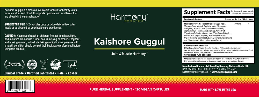 Close-up of Kaishore Guggul capsules on label suggests pitta harmony potential.