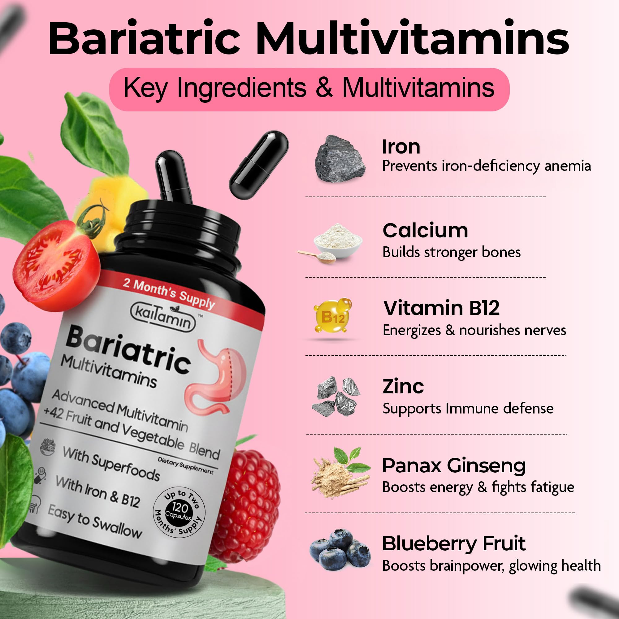 Kaitamin bariatric multivitamin capsules demonstrate gentle iron delivery for energy during recovery.