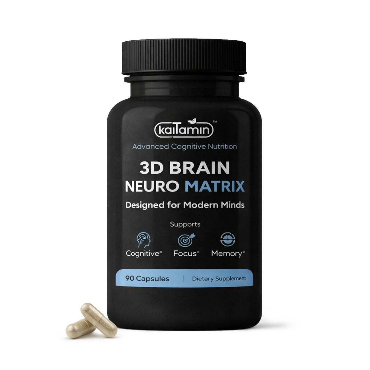Kaitamin Brain Neuro Matrix bottle showing caffeine-free brain support for daily focus