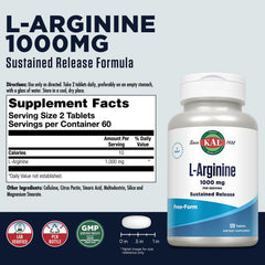 Close-up label of KAL 1000 mg L-arginine tablets for heart support