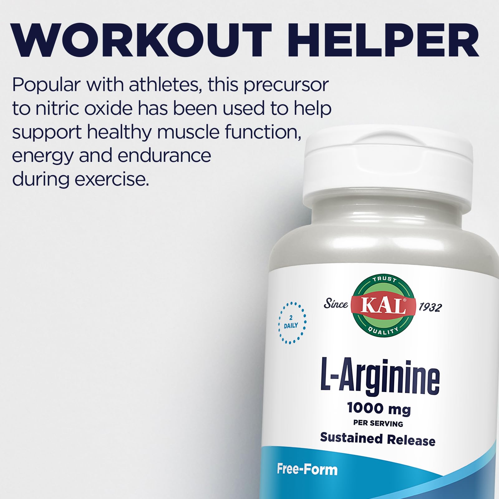 Front packaging of KAL 120-count L-arginine tablets for daily wellness