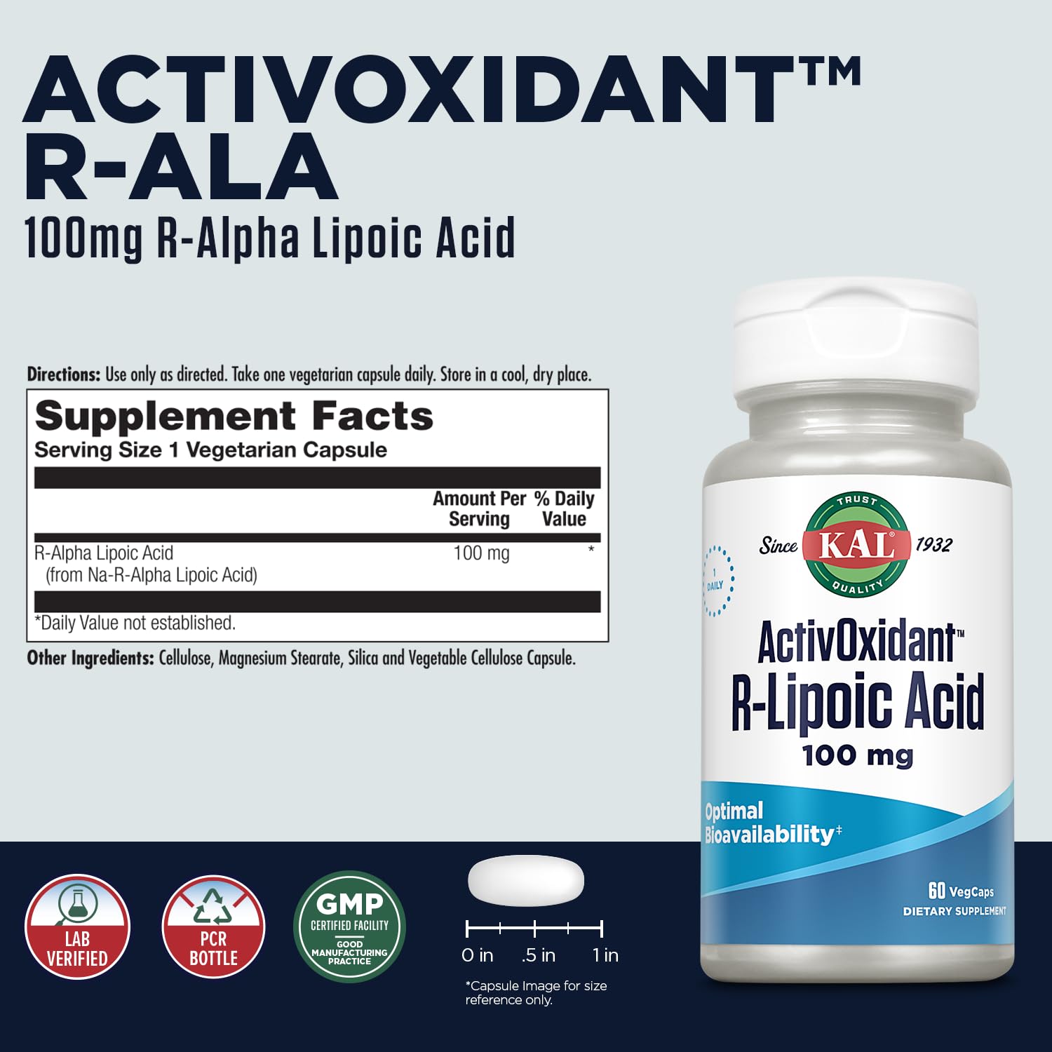 Kal Activoxidant bottle back displaying ingredients and dosage information