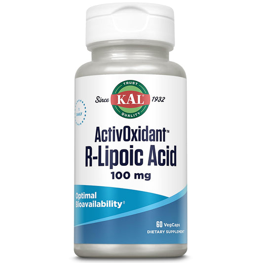 Kal 100 mg R-lipoic acid Activoxidant bottle front with vegetarian formula