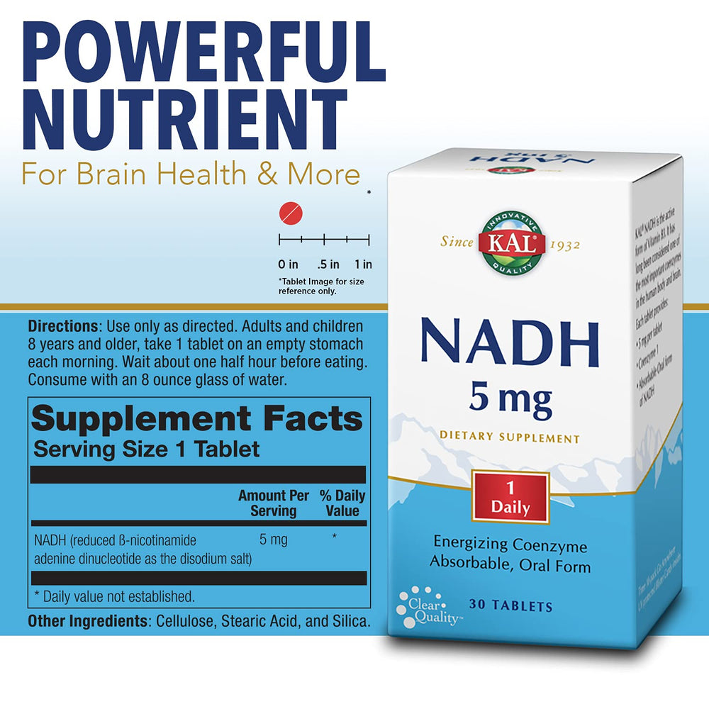 KAL NADH bottle back with dosage details for NADH intake