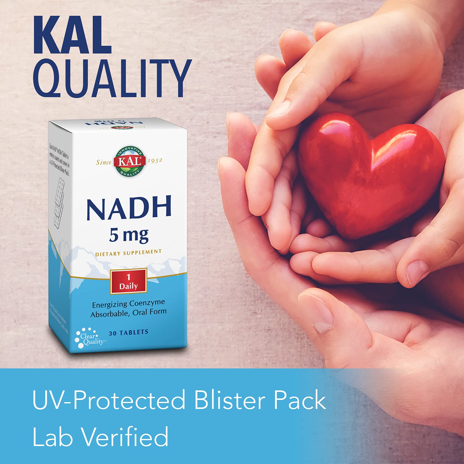 Packaging image of KAL NADH tablets with 30-count bottle