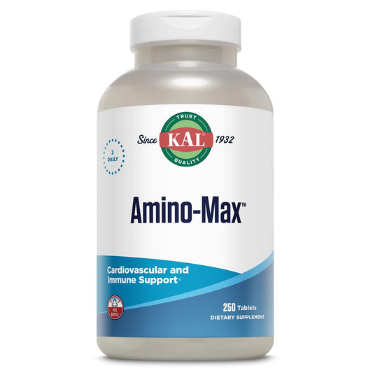 KAL Amino Max bottle close-up showing a complete amino acids and minerals supplement for daily vitality.