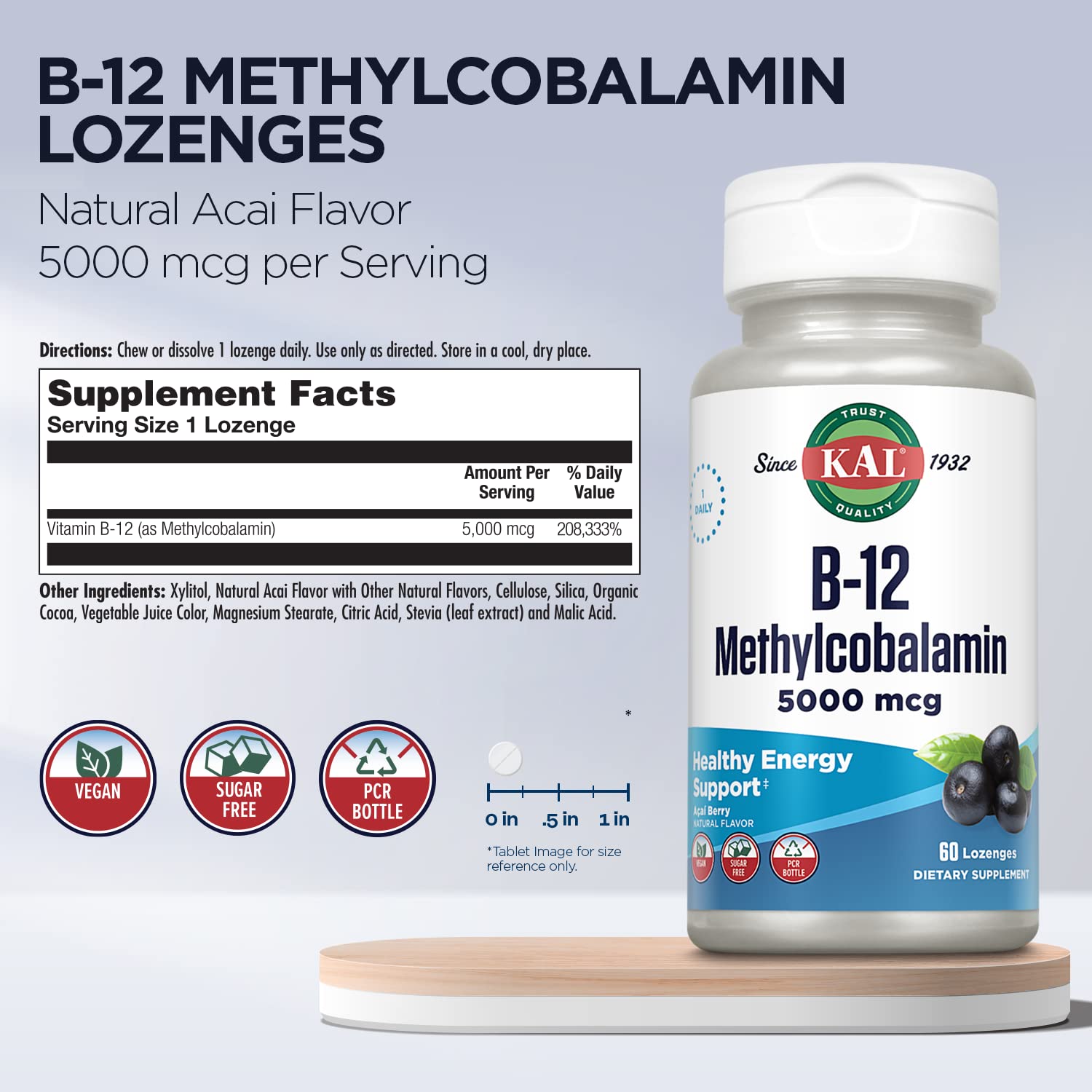 KAL B-12 lozenges sugar-free label close-up highlighting no sugar