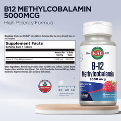 KAL B12 raspberry-flavor tablets highlighting high potency methylcobalamin