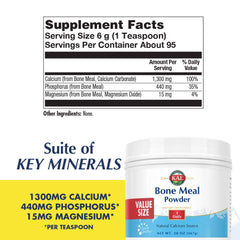 KAL Bone Meal Powder teaspoon scoop showing serving size and minerals for daily use