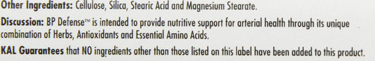 KAL BP Defense bottle closeup showing Hawthorn and Pycnogenol for heart support.