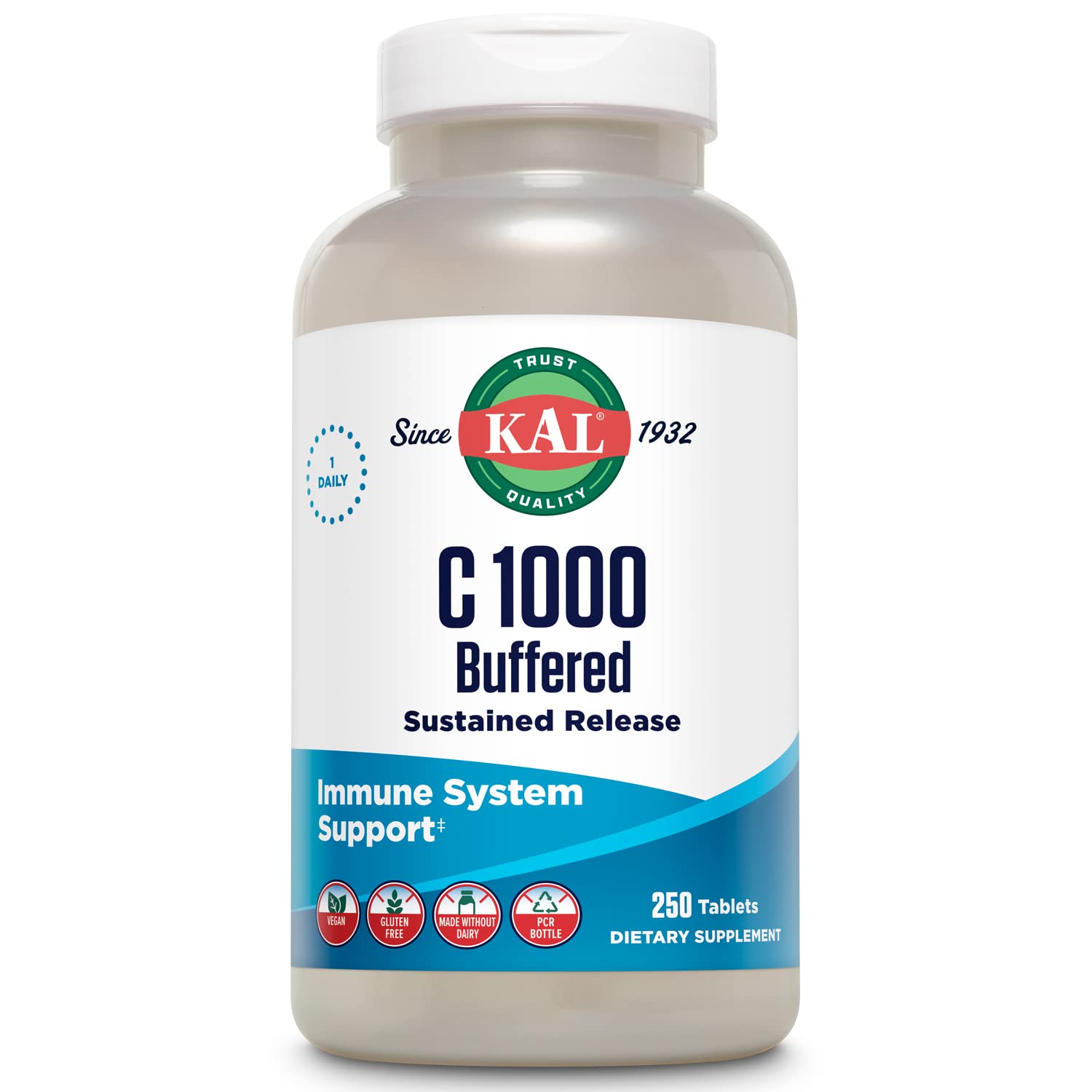 KAL C-1000 buffered tablets bottle front view showing packaging and size