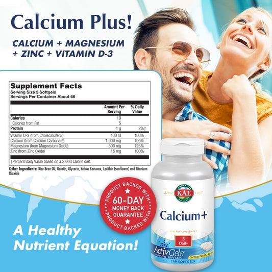 KAL Calcium Plus bottle pour image demonstrates easy daily dosing