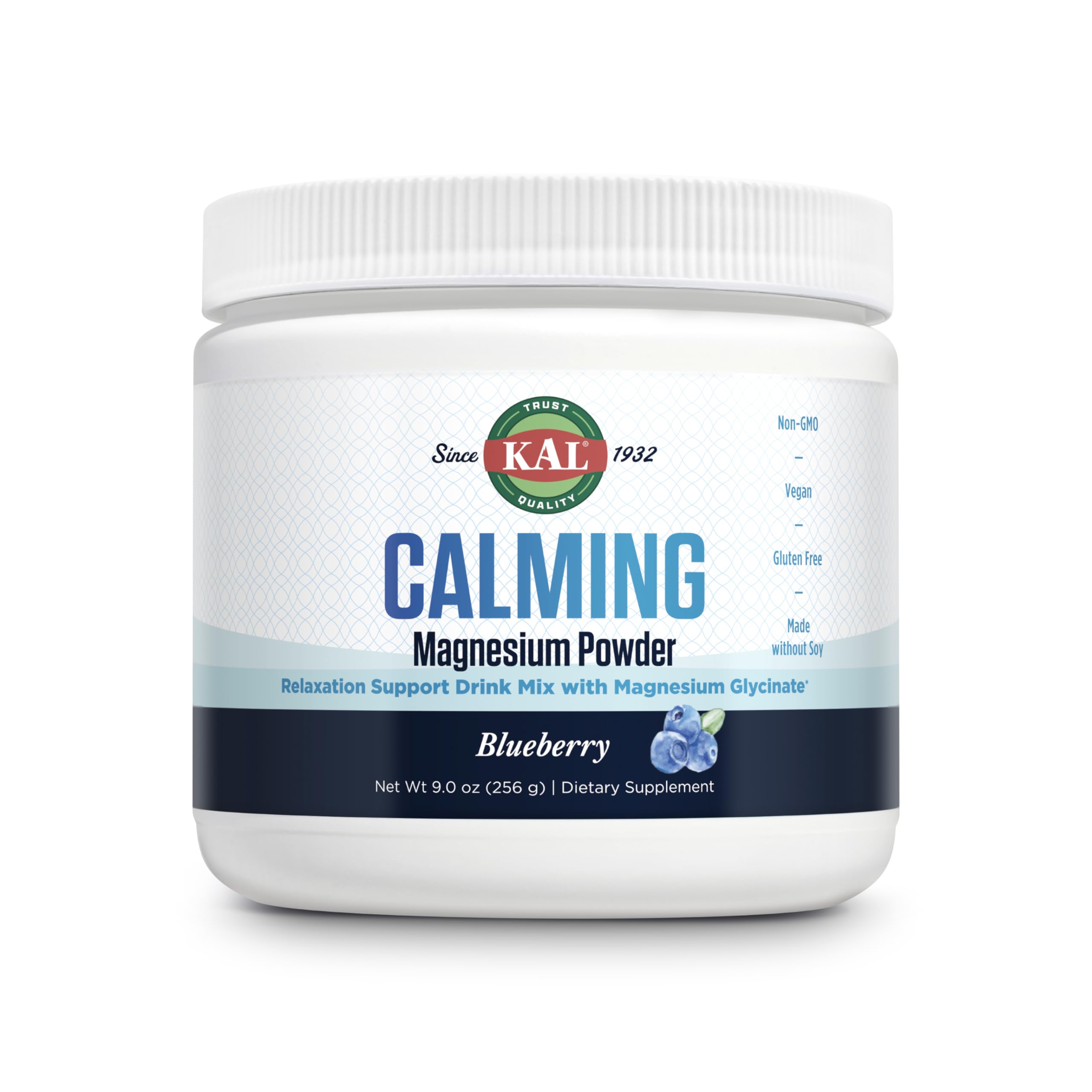 KAL Calming Magnesium Powder blueberry tub promotes relaxation and daily calm.