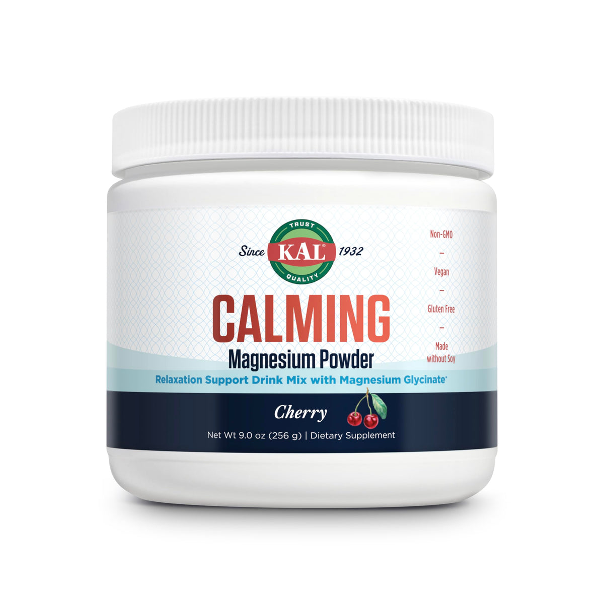 KAL Calming Magnesium Powder cherry flavor bottle promotes relaxation and daily balance