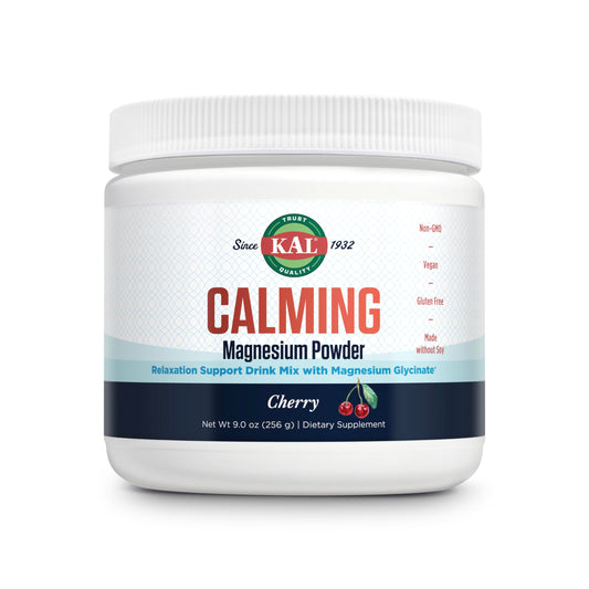KAL Calming Magnesium Powder cherry flavor bottle promotes relaxation and daily balance