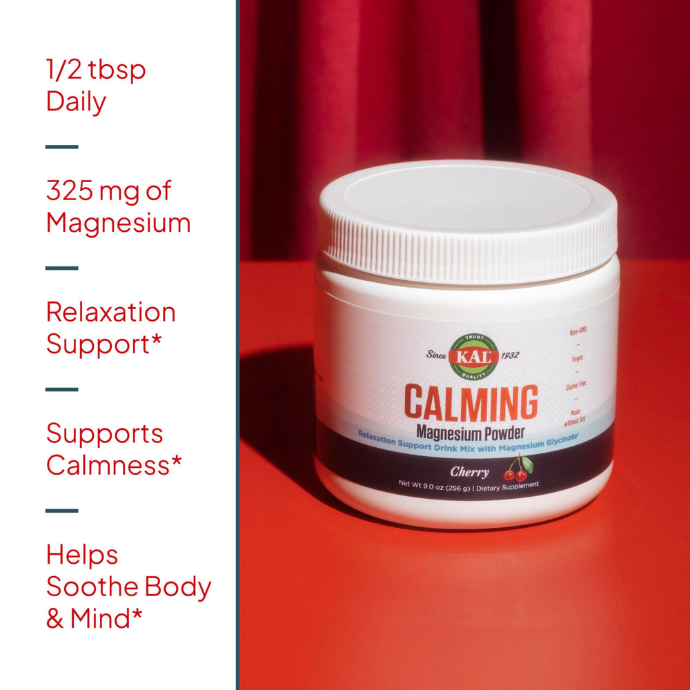 KAL Calming Magnesium Powder bottle shown with glass for a calming evening ritual