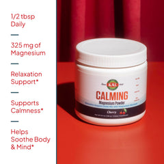 KAL Calming Magnesium Powder bottle shown with glass for a calming evening ritual