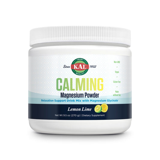 KAL Calming Magnesium Powder bottle with lemon-lime flavor; supports relaxation after a busy day.