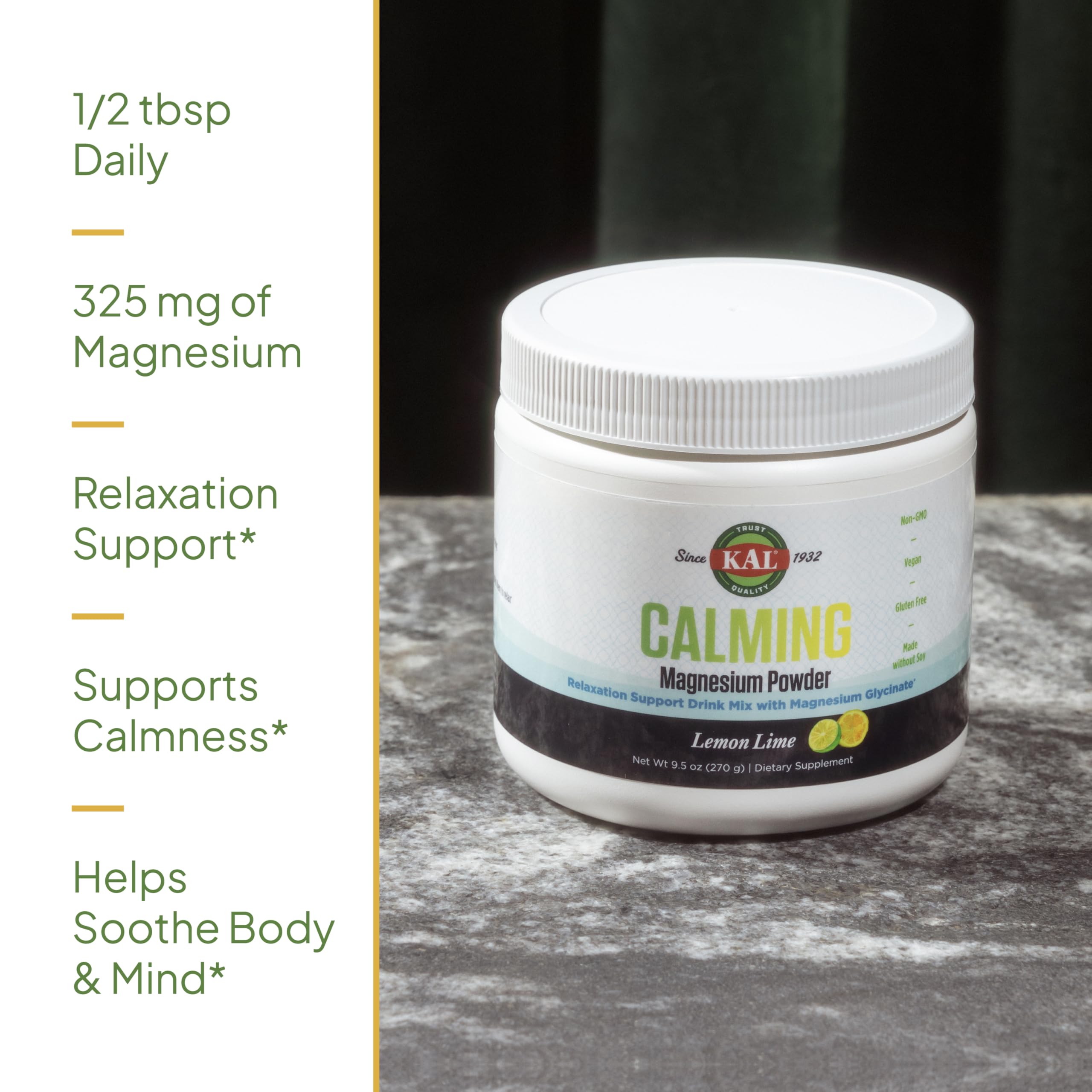 KAL Calming Magnesium Powder pour spout; ready to mix for a soothing beverage.