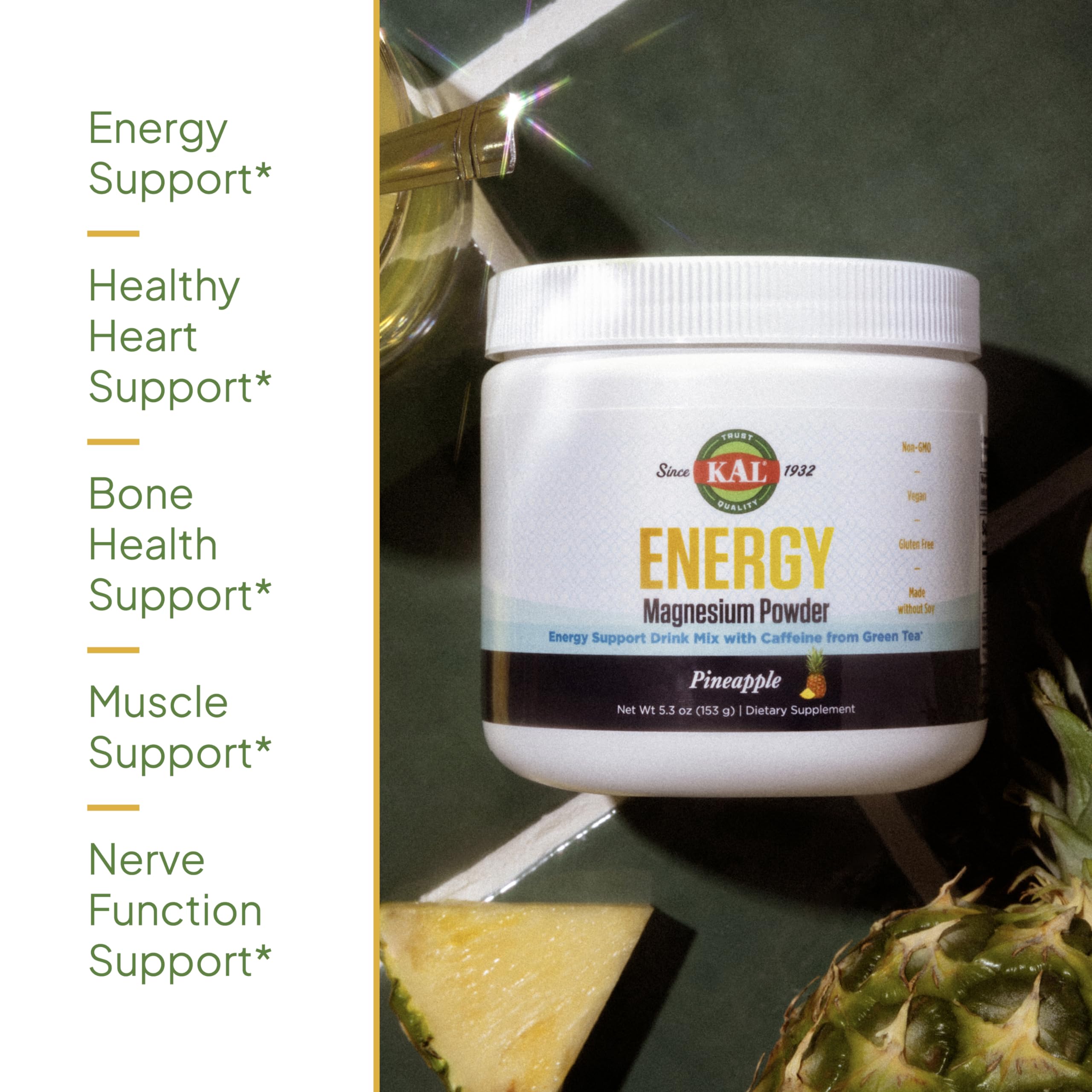 KAL Energy Magnesium Pineapple being stirred in water for a refreshing, sugar-free drink.