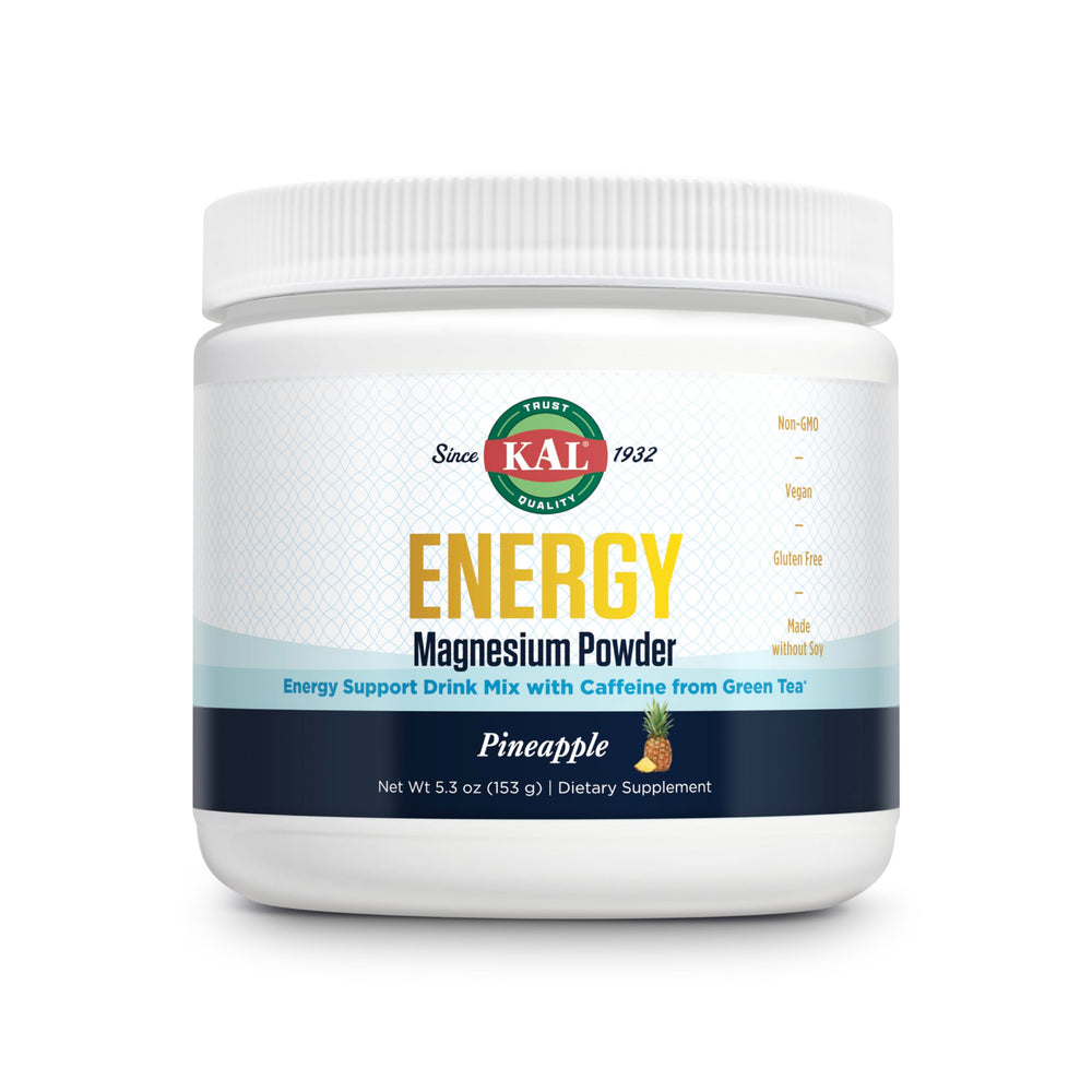 KAL Energy Magnesium Pineapple bottle label highlights energy support from caffeine.