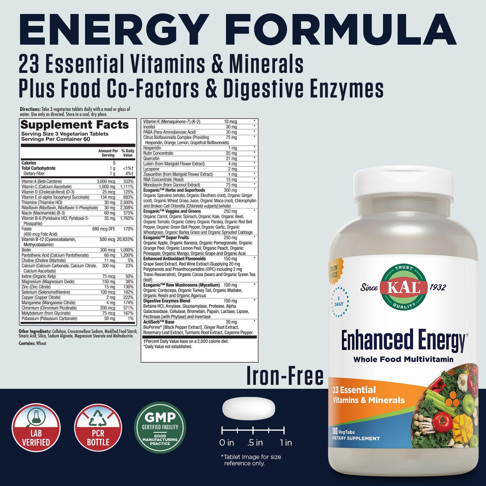 KAL Enhanced Energy capsules closeup showing easy-to-swallow tablets.