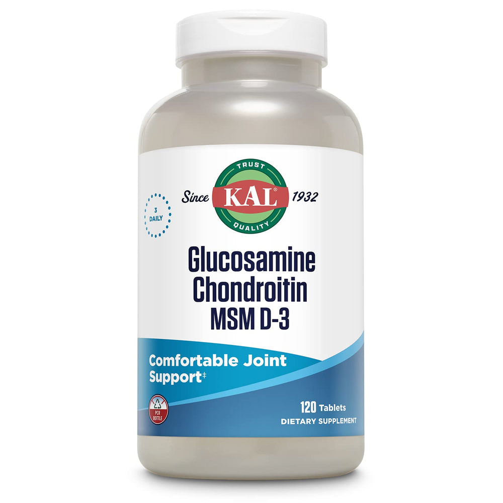 KAL Glucosamine Chondroitin MSM D-3 bottle front signals joint support potential