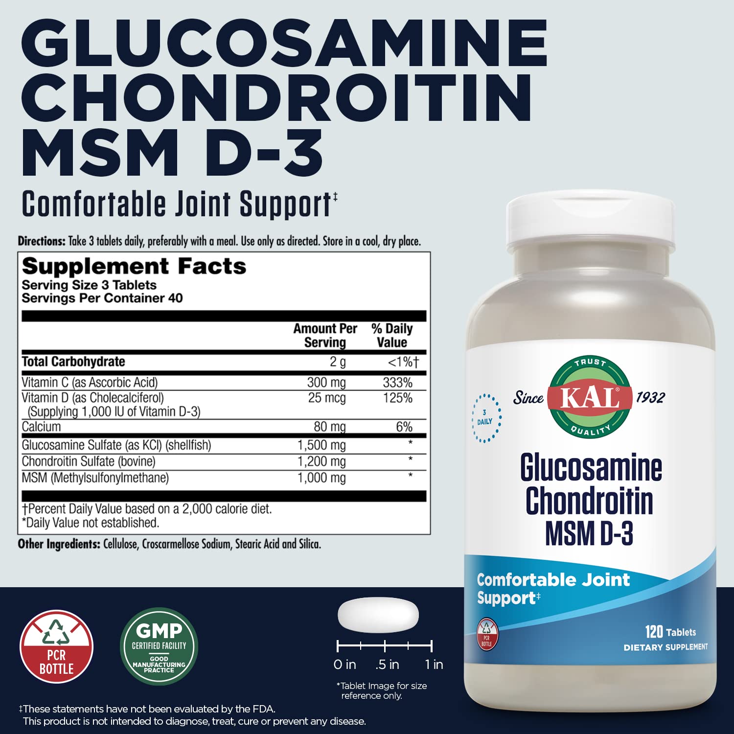 KAL Glucosamine Chondroitin MSM D-3 bottle pour demonstrates easy daily use
