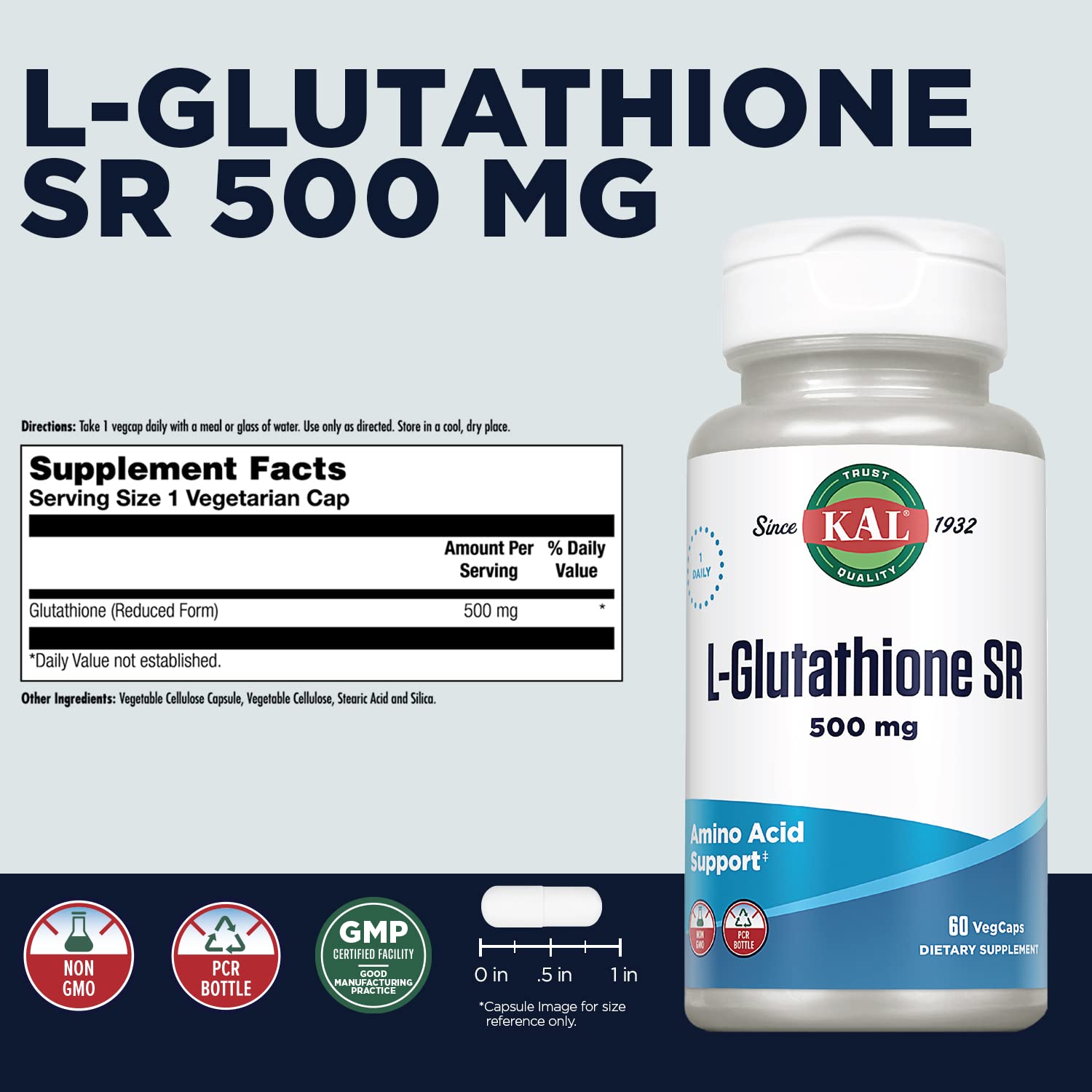 KAL L-Glutathione SR bottle back view shows ingredients for informed supplementation.