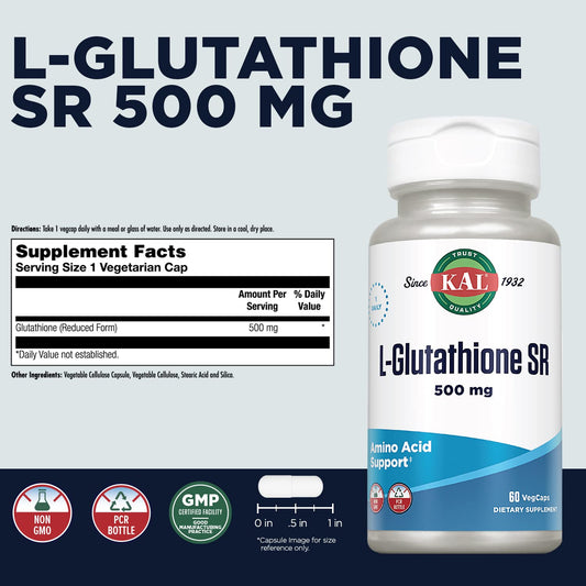 KAL L-Glutathione SR bottle back view shows ingredients for informed supplementation.