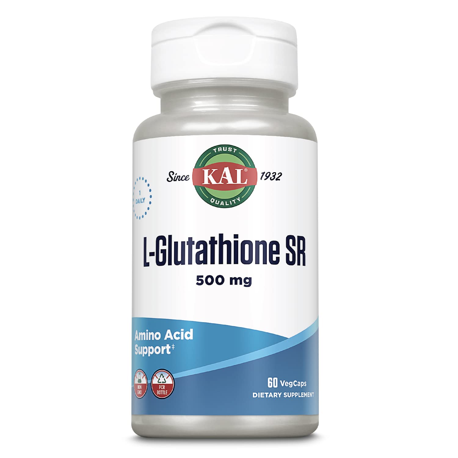 KAL L-Glutathione SR bottle front view highlighting antioxidant support packaging.
